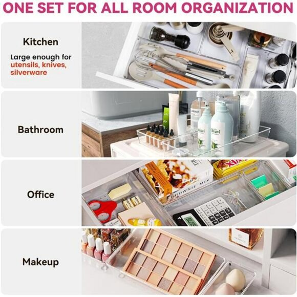 Clear Plastic Drawer Organizer Bins Set Kitchen Bathroom Makeup Storage - Picture 4 of 7